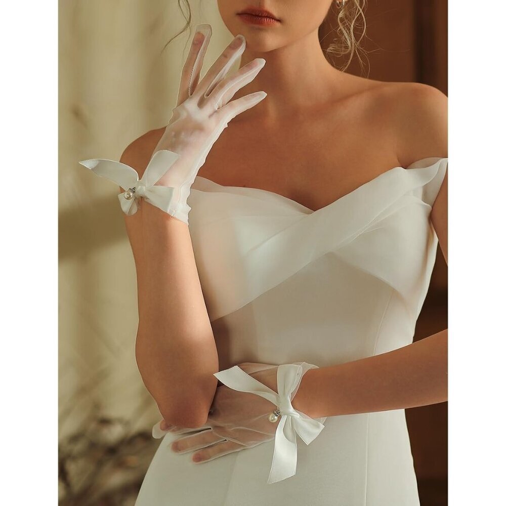 Women's Tulle Mesh Yellow Bow Pearl Short Gloves Hallowmas Wedding Accessory - Picture 4 of 5